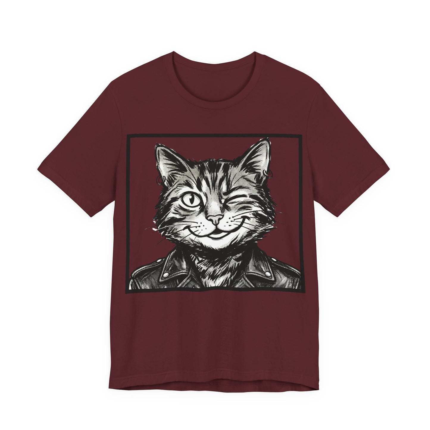 WinkyCat - Leather Jacket (NO Gesture) - Winking Cat Portrait Tee – Retro Rocker Biker Cat Graphic T-Shirt
