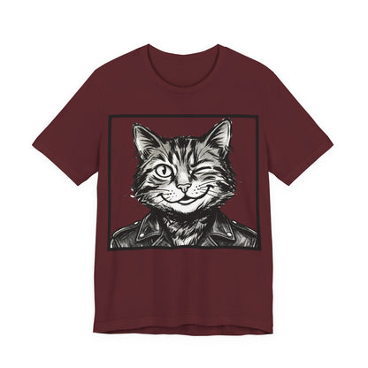 WinkyCat - Leather Jacket (NO Gesture) - Winking Cat Portrait Tee – Retro Rocker Biker Cat Graphic T-Shirt
