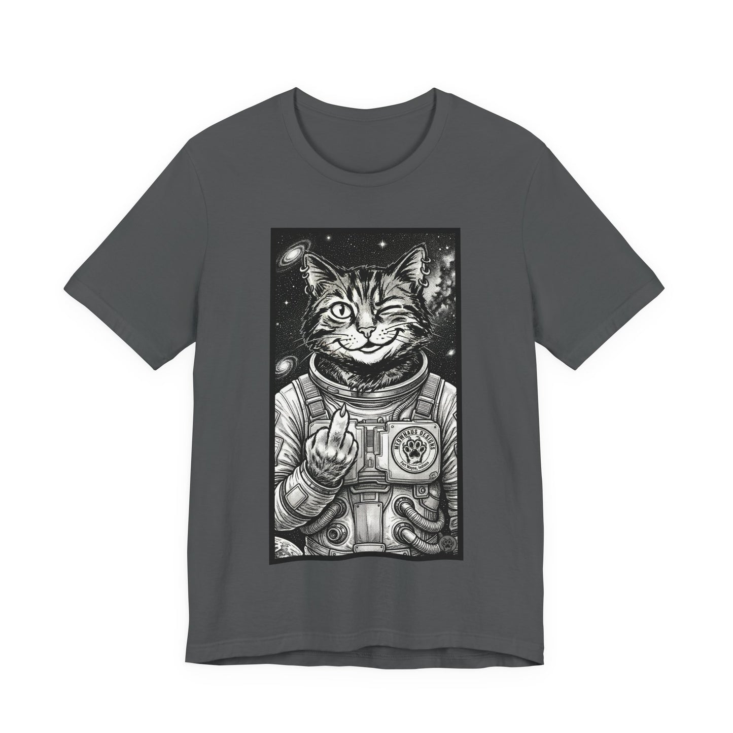 WinkyCat - The Astronaut (Giving Snarky Gesture) Cat Tee — Retro Space Cat Graphic T-Shirt