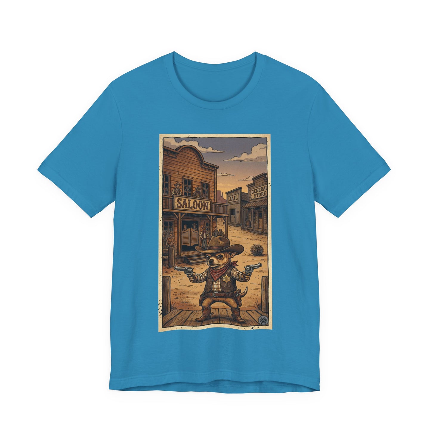 SheriffPaco - Vertical - Chihuahua Sheriff Western Saloon Showdown T-Shirt — Vintage Cowboy Sheriff Puppy Dog Graphic Tee