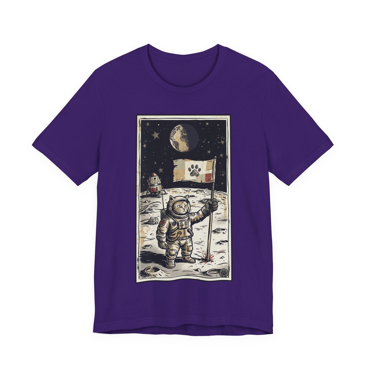 SpaceCat - Conquers The Moon! - Astronaut Cat Moon T-Shirt — Vintage Styled Space Kitty Flag Tee