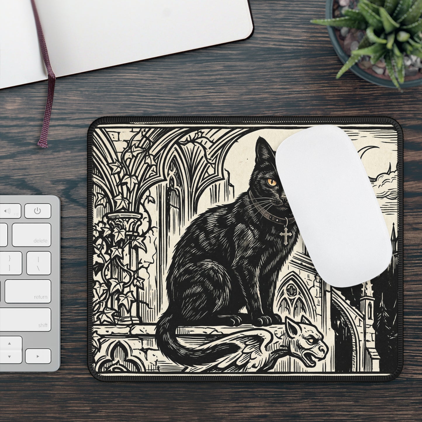 DarkArts - Cat 1 - Black Gothic Cat Gaming Mouse Pad — Vintage Cathedral Horror Desk Mat