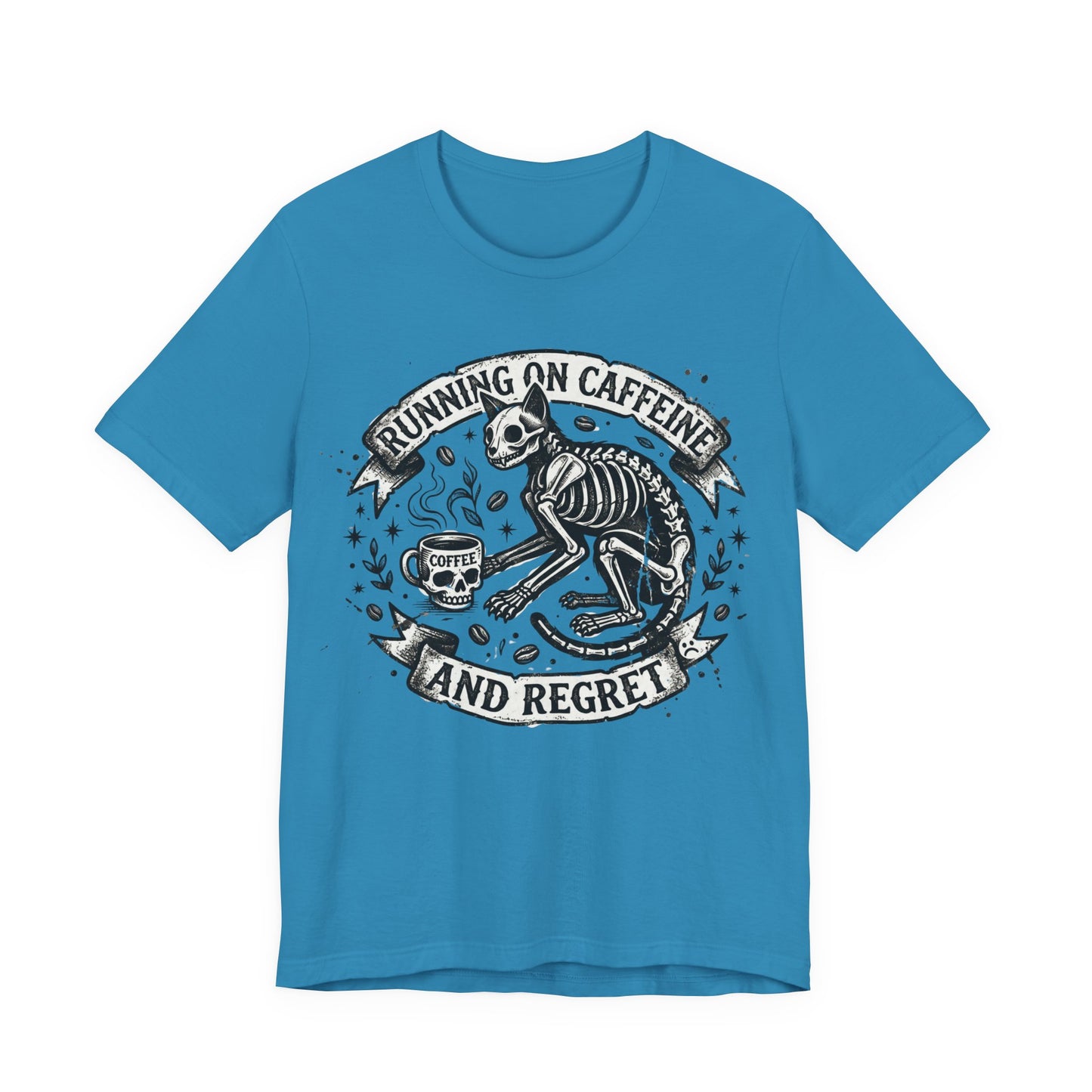 VOID - Running on Caffeine and Regret Tee — Funny Skeleton Cat Coffee T‑Shirt
