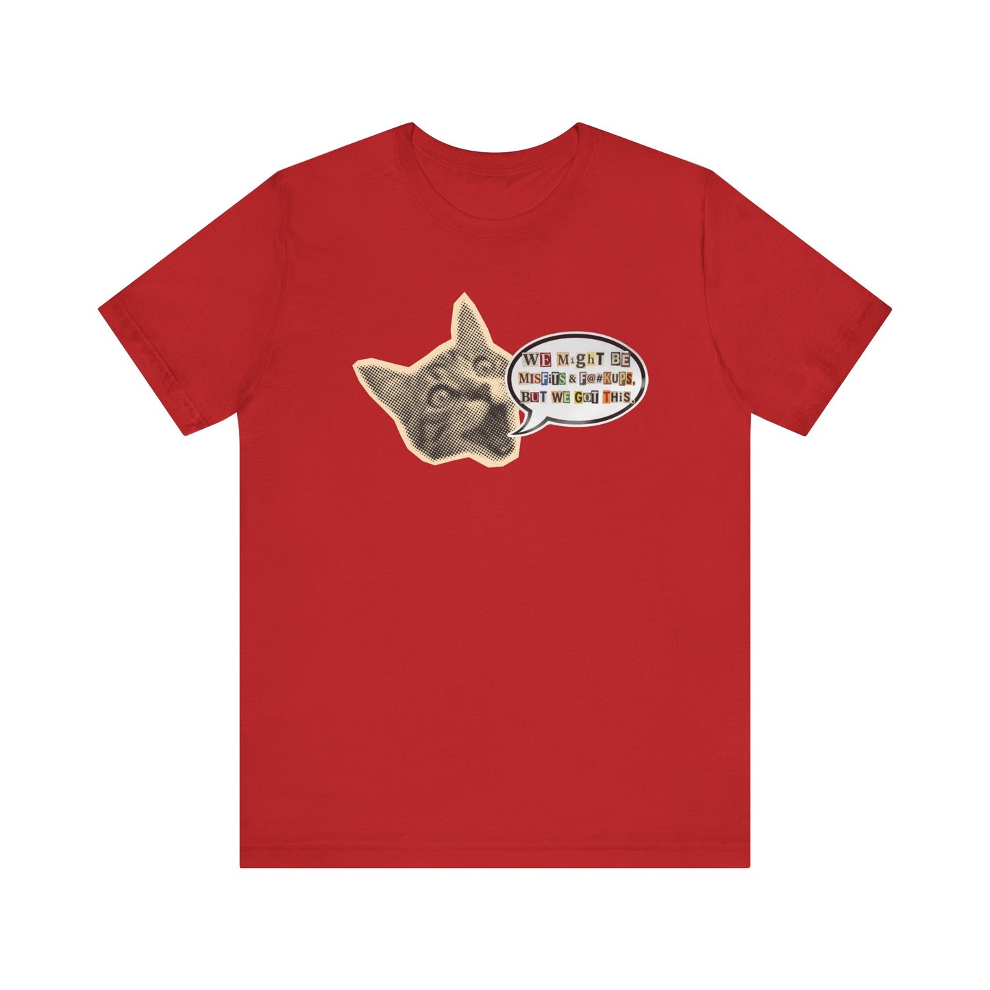 Cat Meme T‑Shirt — Vintage Cat Head Saying "We Might Be Misfits And F@#kups, But We Got This!""
