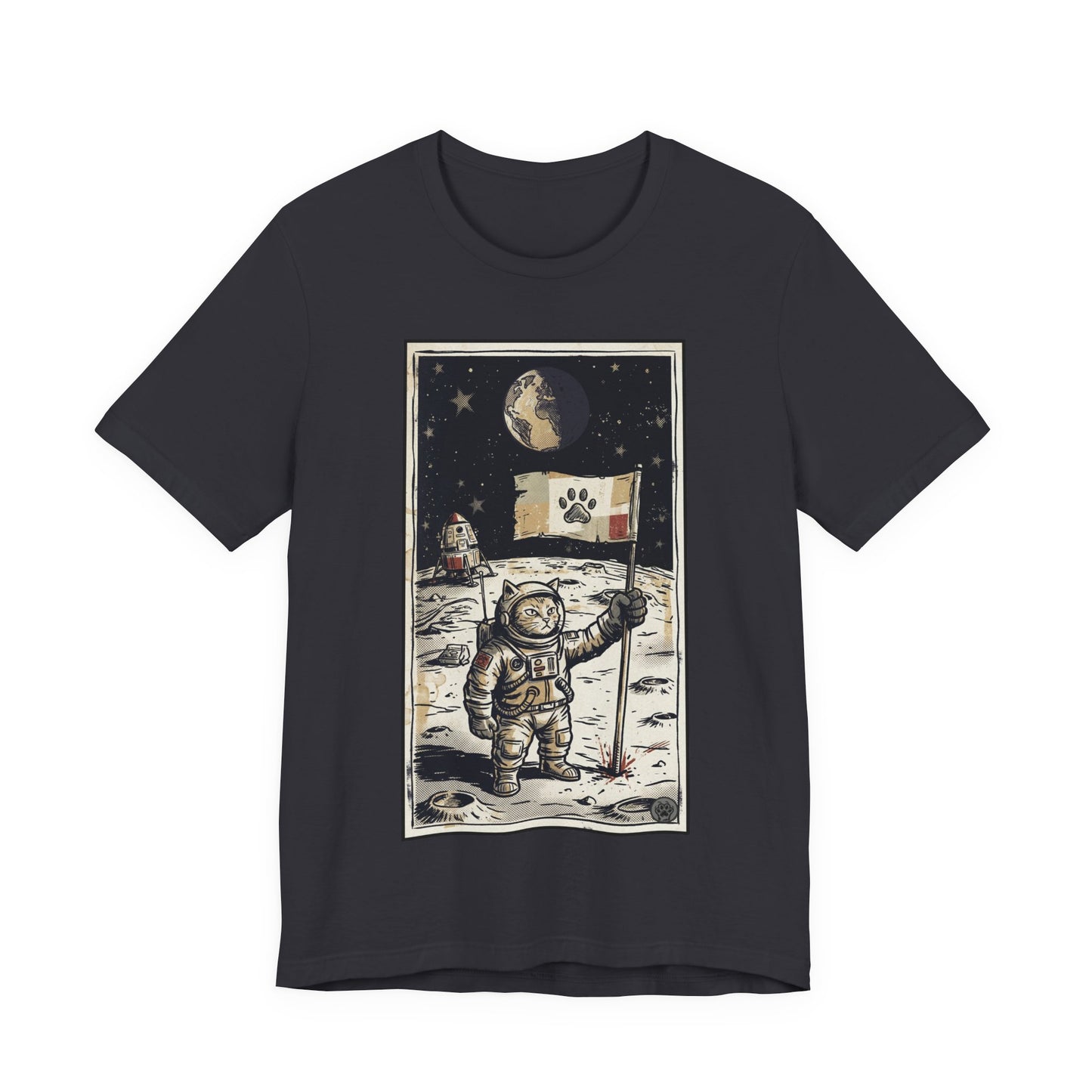 SpaceCat - Conquers The Moon! - Astronaut Cat Moon T-Shirt — Vintage Styled Space Kitty Flag Tee