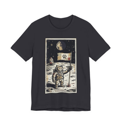 SpaceCat - Conquers The Moon! - Astronaut Cat Moon T-Shirt — Vintage Styled Space Kitty Flag Tee