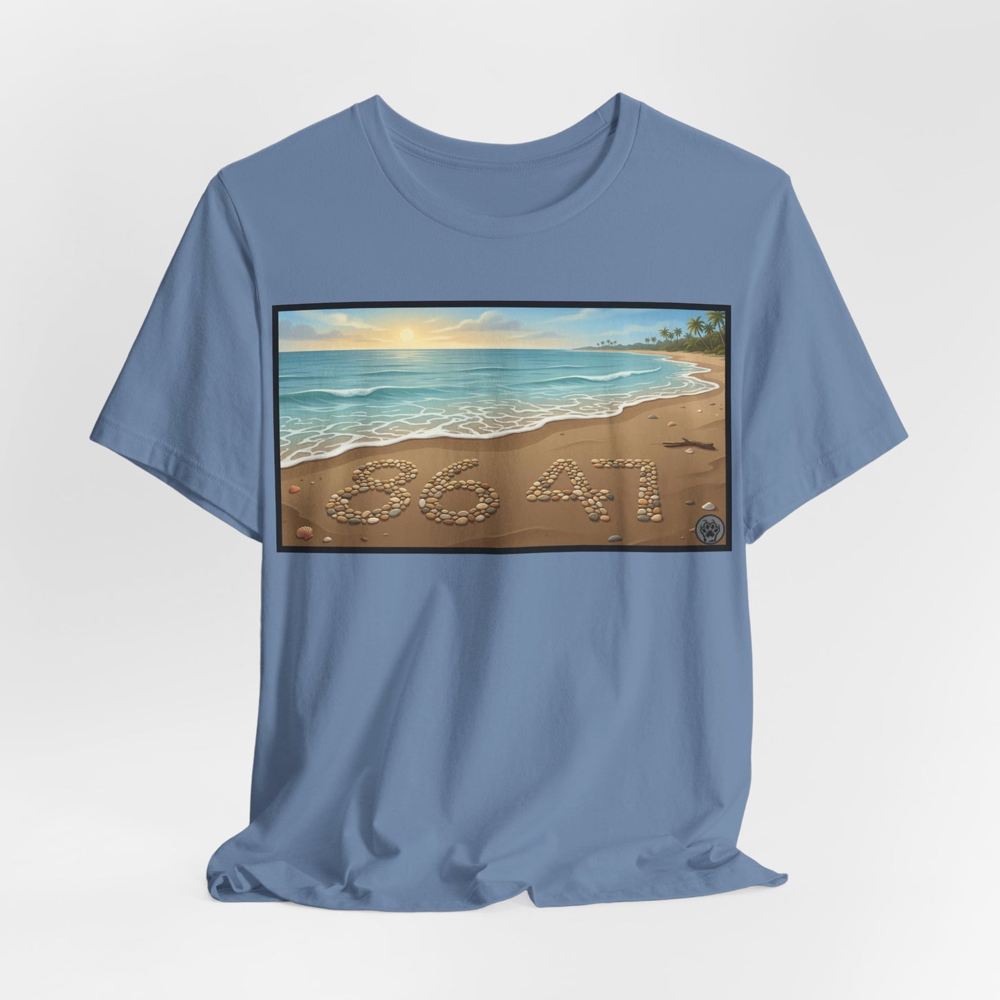 A Nice Day At The Beach - Horizontal V2 - Beach Sunset T-Shirt with '86 47' Sand Art – Coastal Vacation Tee