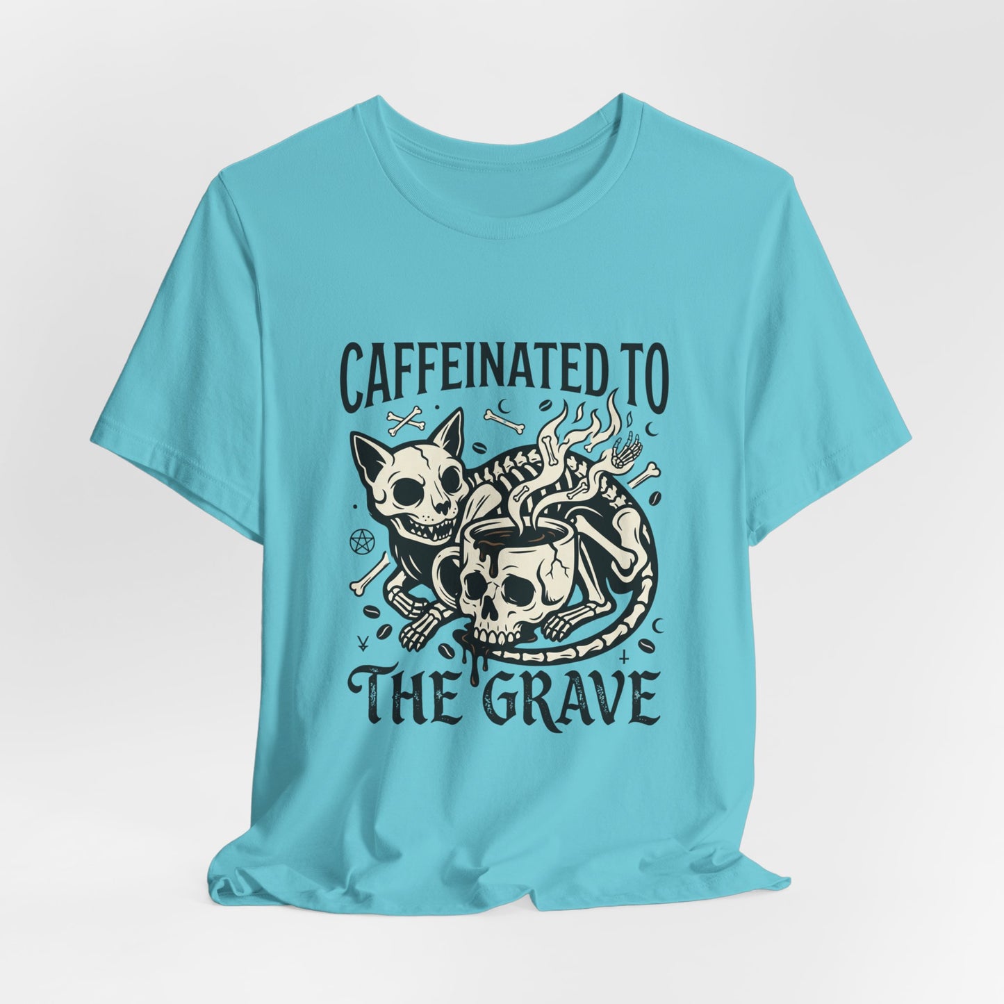 VOID - Caffeinated to the Grave Tee — Gothic Skull & Cat Coffee Shirt