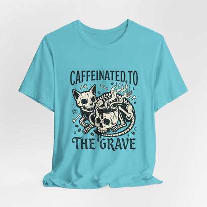 VOID - Caffeinated to the Grave Tee — Gothic Skull & Cat Coffee Shirt