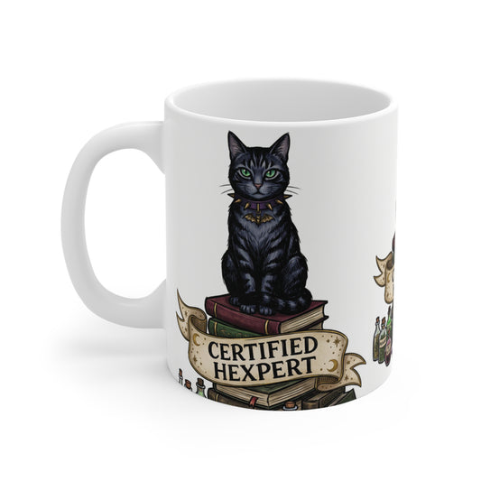 Certified Hexpert - 11oz Mug Ambi Handle — Black Cat Witchcraft Coffee Cup (11oz)