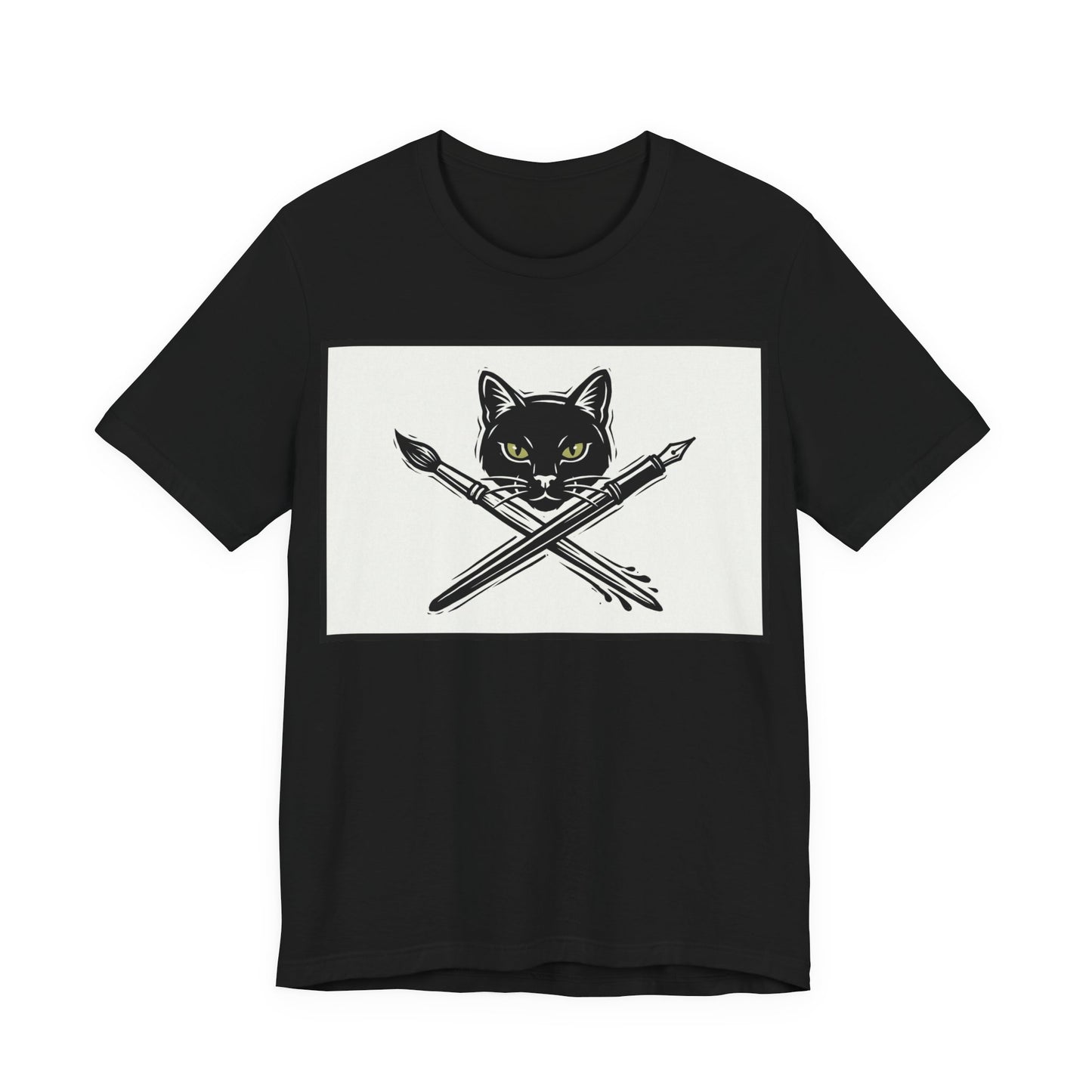 Creative Cat T‑Shirt – Black Cat with Crossed Paintbrush & Pen Graphic