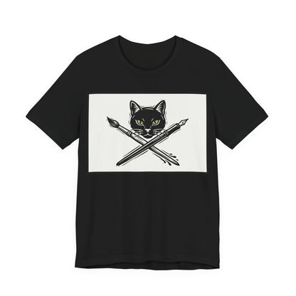 Creative Cat T‑Shirt – Black Cat with Crossed Paintbrush & Pen Graphic