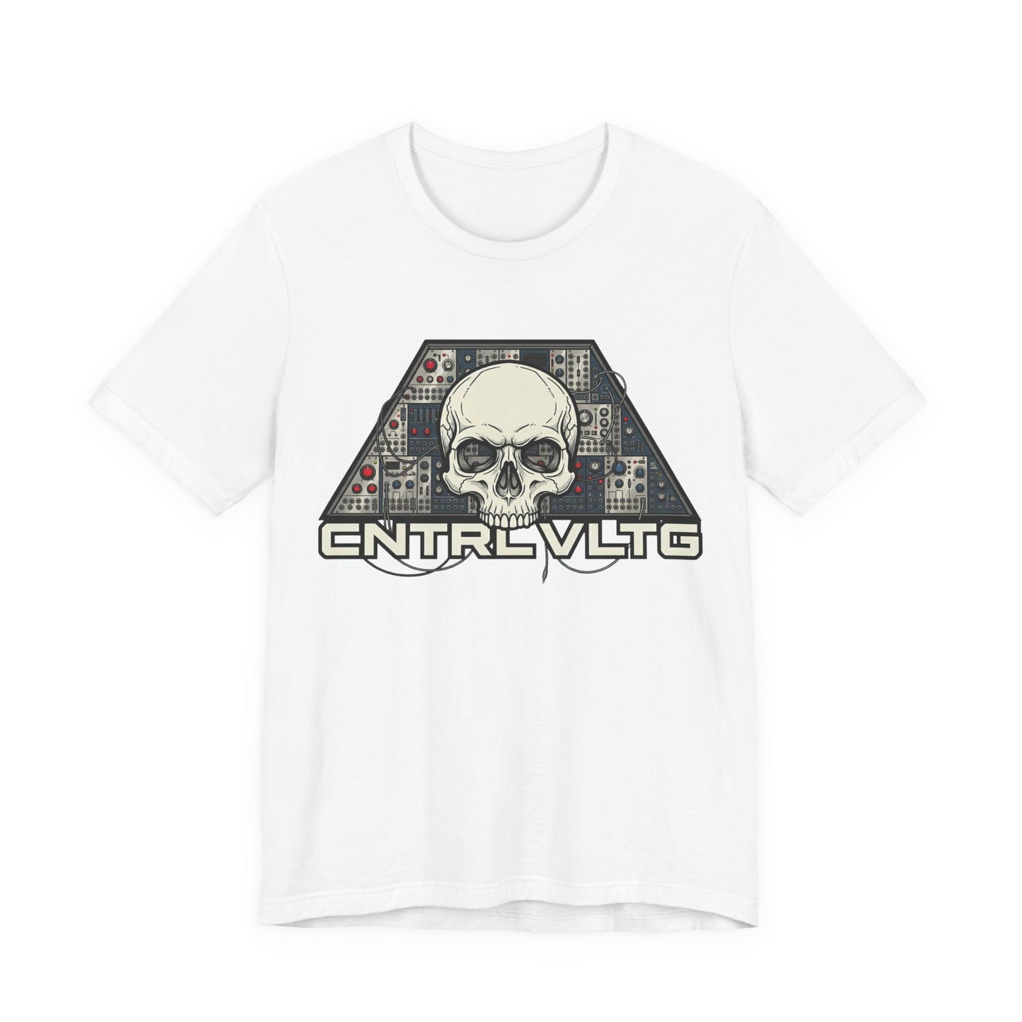 CV Control Voltage - TriBase White - Skull Modular Analog Synth Console Tee — “CNTRL VLTG” Retro Electronic Music T-Shirt