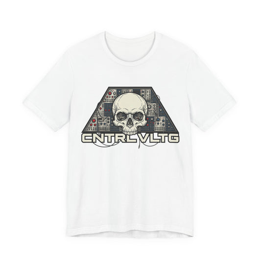 CV Control Voltage - TriBase White - Skull Modular Analog Synth Console Tee — “CNTRL VLTG” Retro Electronic Music T-Shirt