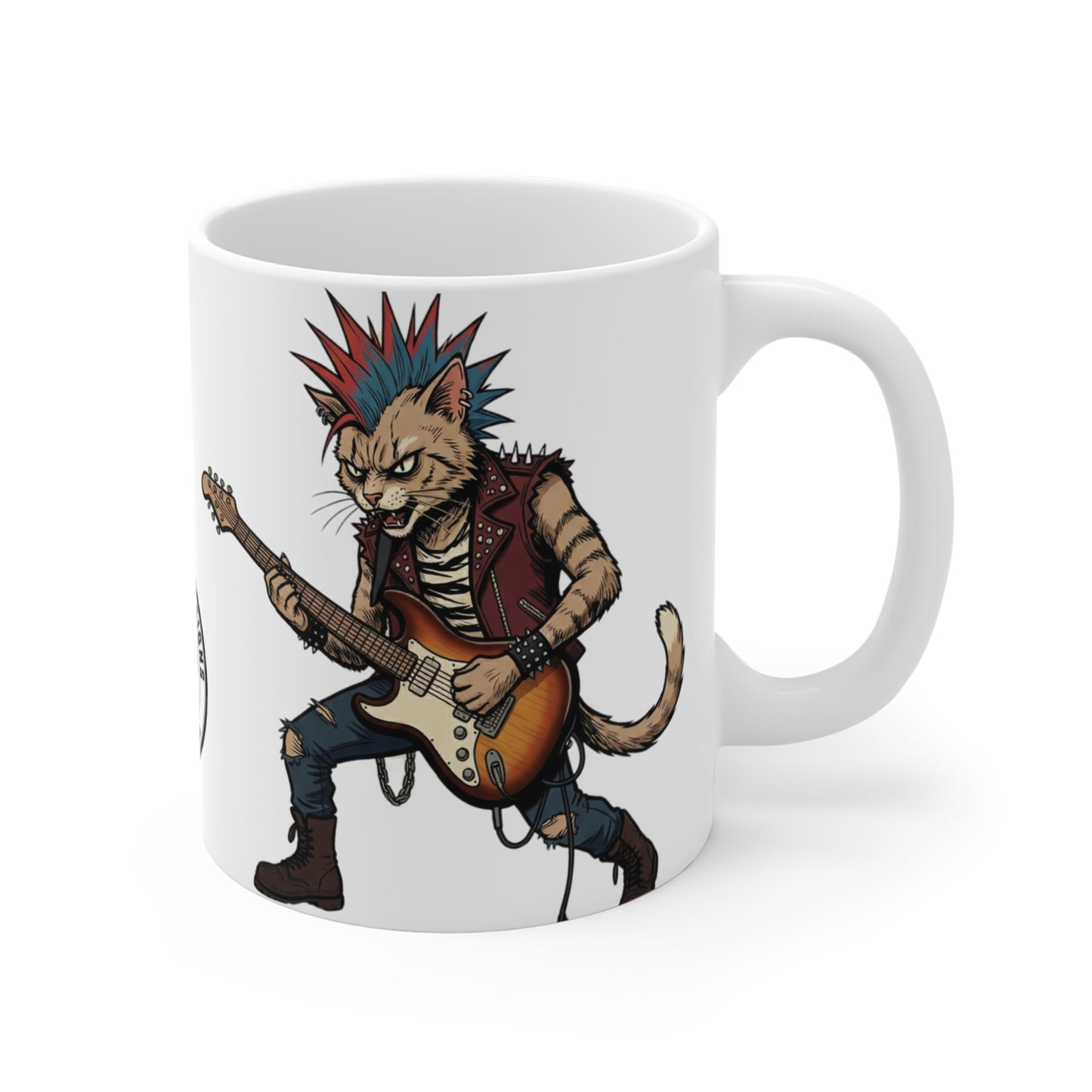 PunkCat - 11oz Mug Ambi Handle — Punk Rock Cat Playing Guitar 11oz Ceramic Coffee Mug