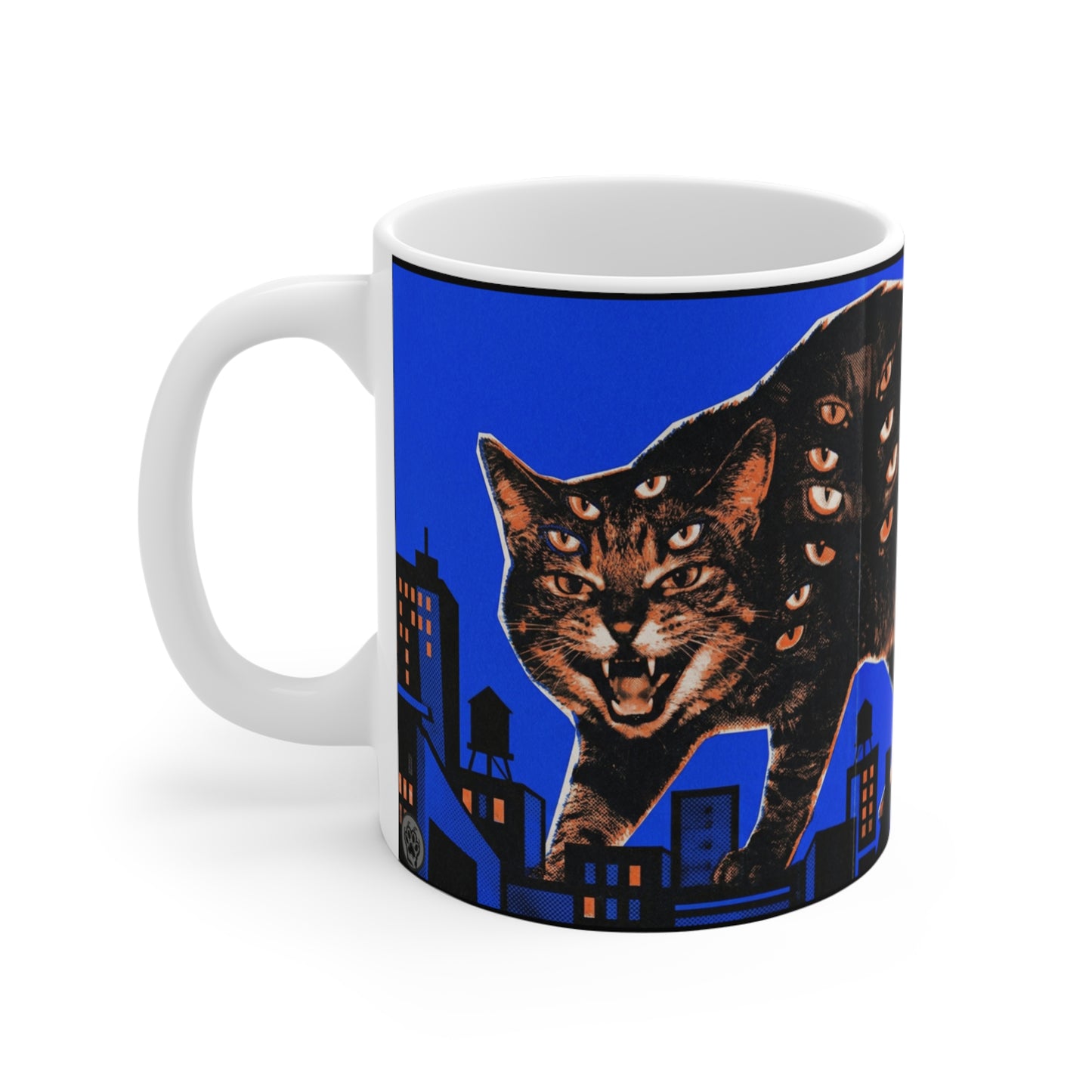 CityCat - Collage Poster Blue - 11oz Mug Left Handle - Cat Kaiju Mug — Giant Multi‑Eyed Cat Over City 11oz Coffee Cup