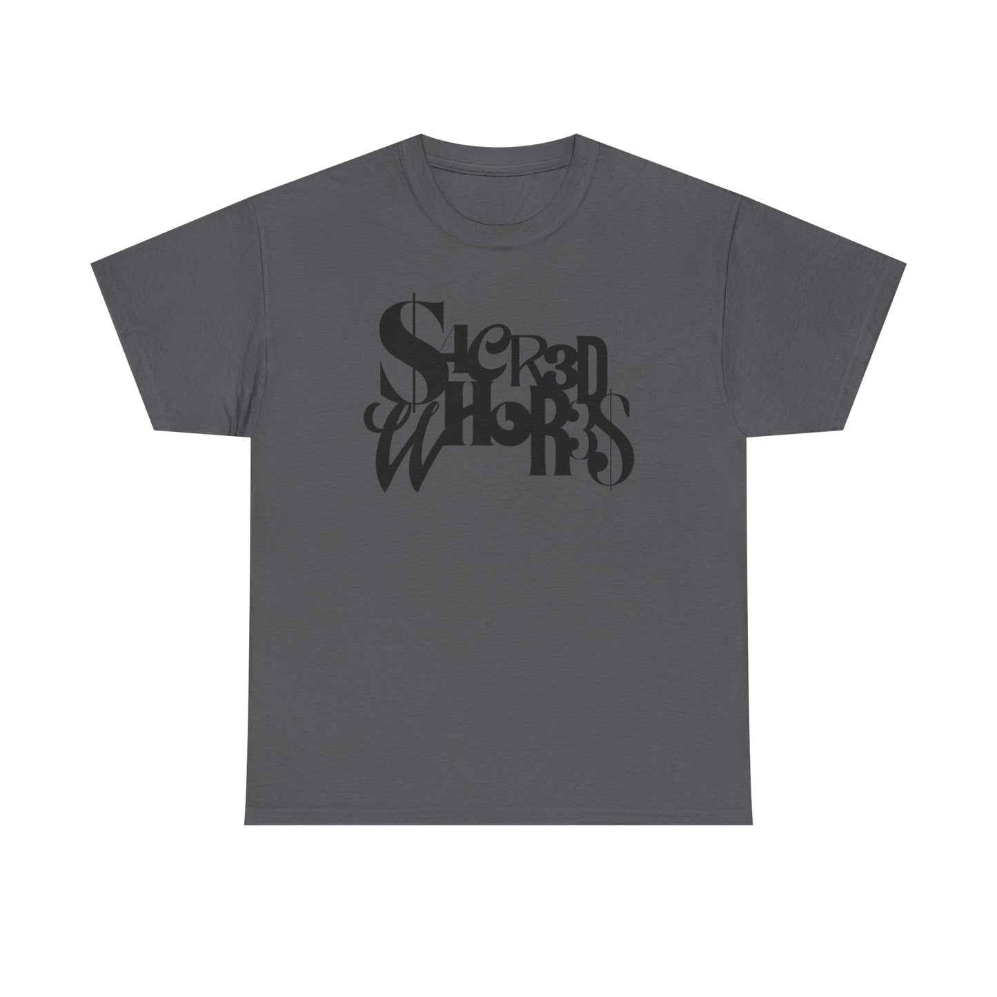 Sacred Whores - Mixed Fonts Graphic Tee — Gothic Ambigram Band Shirt