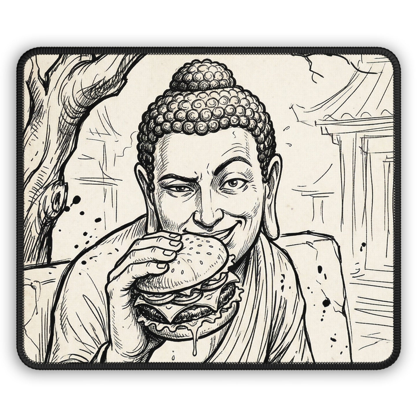 BadBuddha - Cheeseburger - Buddha Eating Burger Gaming Mouse Pad – Quirky Zen Desk Mat