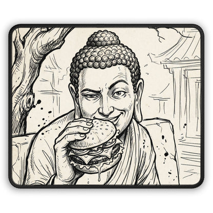 BadBuddha - Cheeseburger - Buddha Eating Burger Gaming Mouse Pad – Quirky Zen Desk Mat