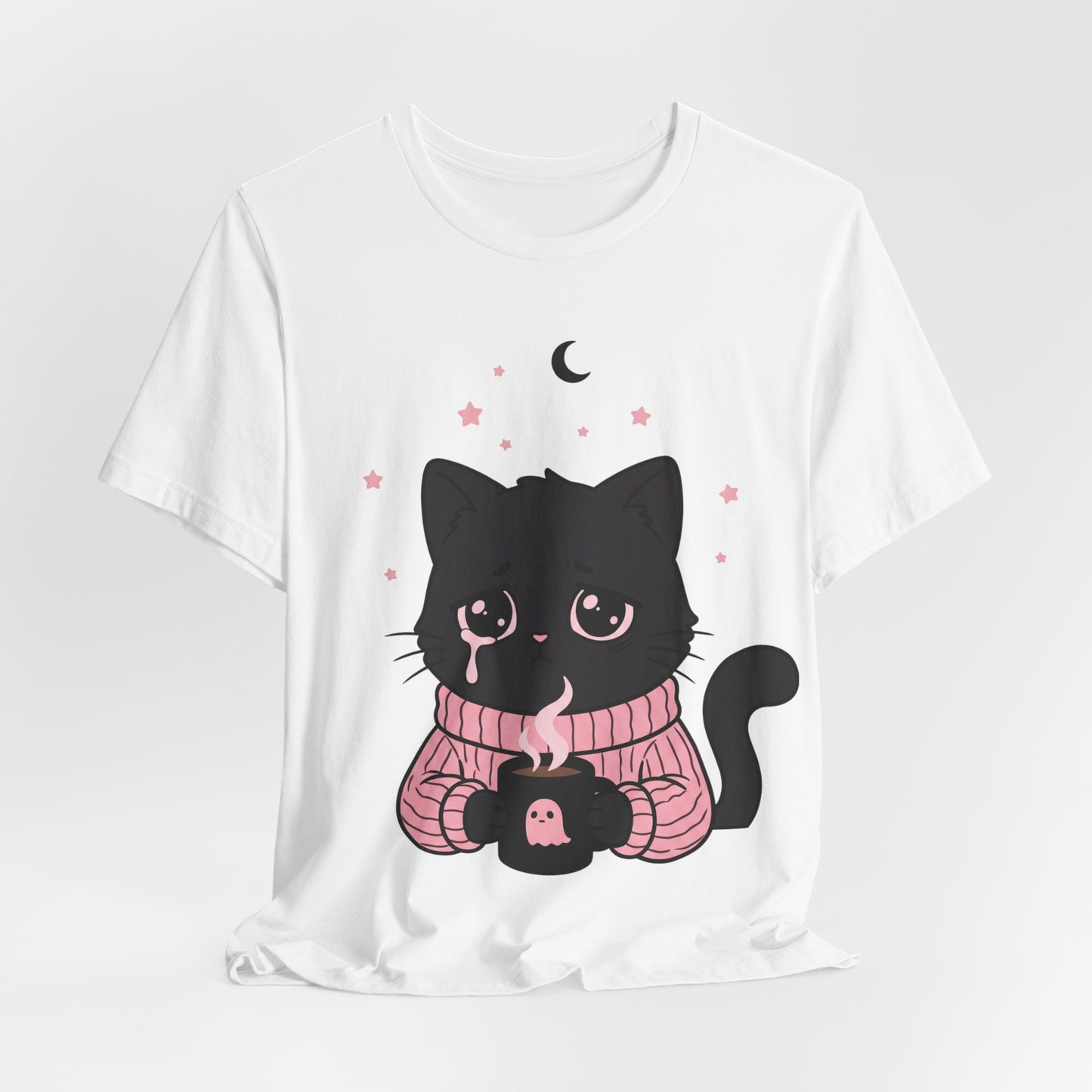 VOID - Cute Sad Black Cat Holding Hot Coffee T‑Shirt — Cozy Pink Sweater Kitty Tee