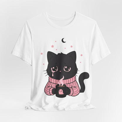 VOID - Cute Sad Black Cat Holding Hot Coffee T‑Shirt — Cozy Pink Sweater Kitty Tee