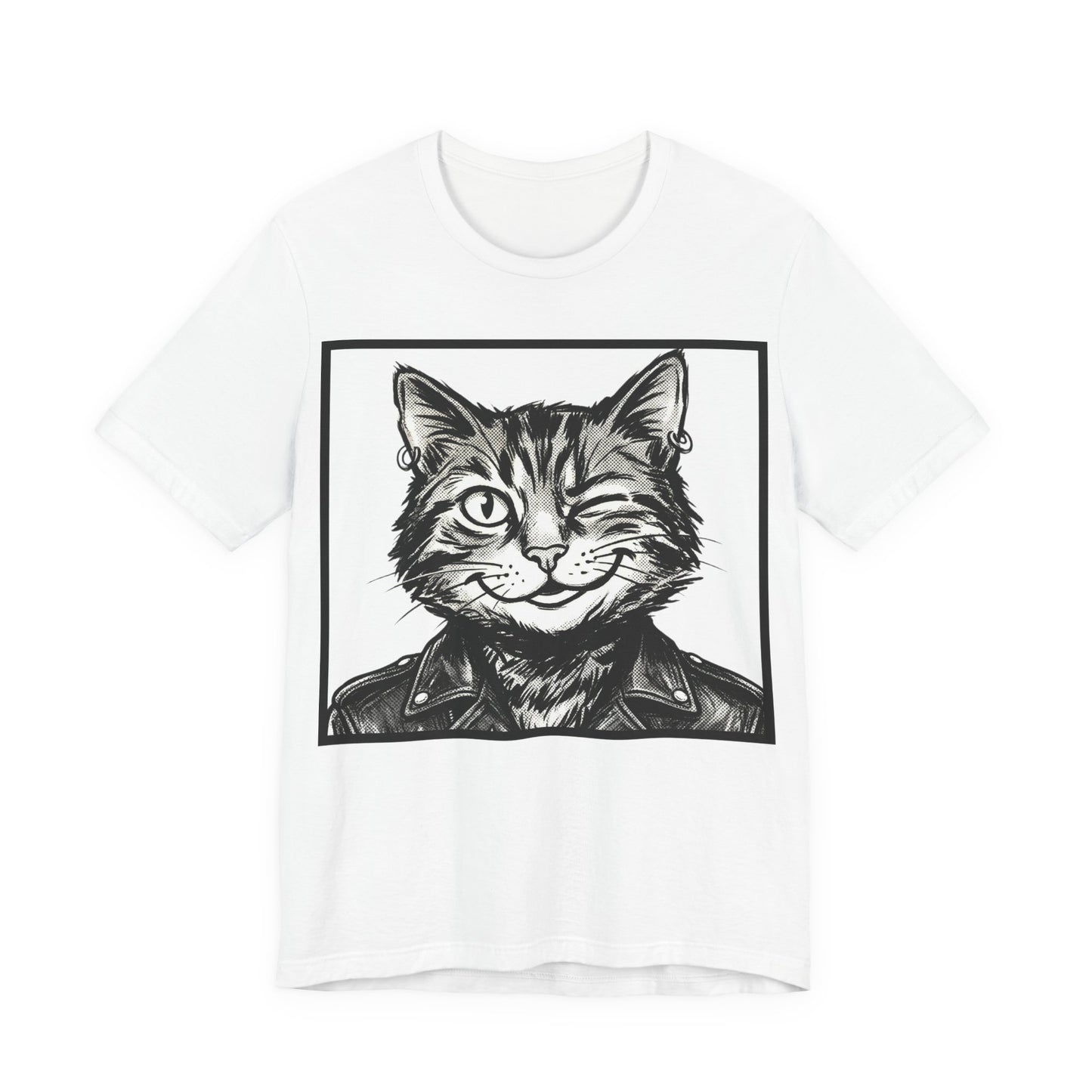 WinkyCat - Leather Jacket (NO Gesture) - Winking Cat Portrait Tee – Retro Rocker Biker Cat Graphic T-Shirt