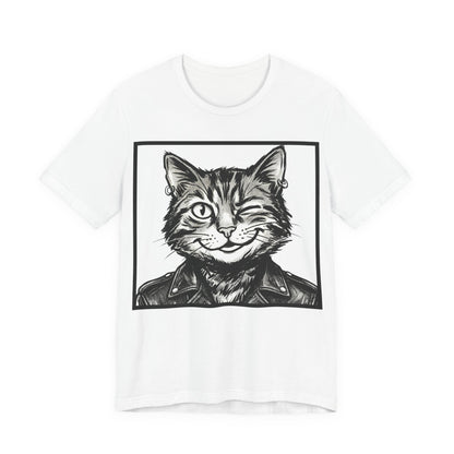 WinkyCat - Leather Jacket (NO Gesture) - Winking Cat Portrait Tee – Retro Rocker Biker Cat Graphic T-Shirt