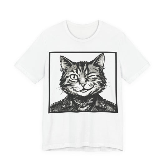 WinkyCat - Leather Jacket (NO Gesture) - Winking Cat Portrait Tee – Retro Rocker Biker Cat Graphic T-Shirt
