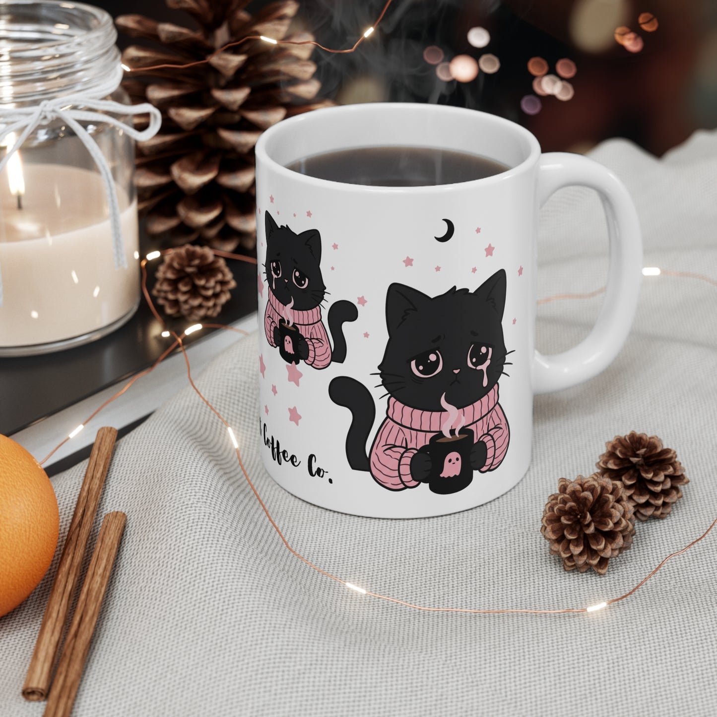 VOID - Void Cat Coffee Co. 11oz Mug — Cute Sad Black Cat in Pink Sweater, Coffee Lover Gift