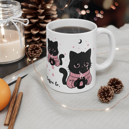 VOID - Void Cat Coffee Co. 11oz Mug — Cute Sad Black Cat in Pink Sweater, Coffee Lover Gift