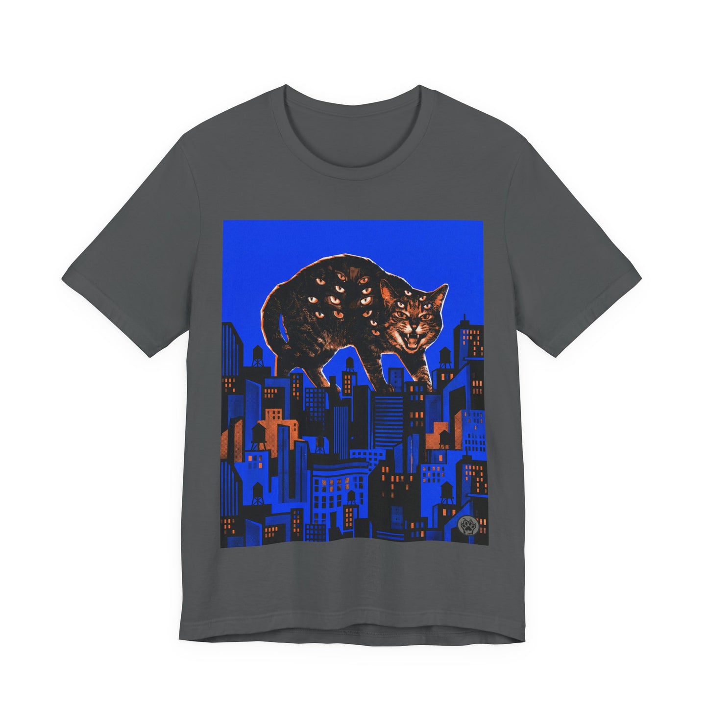 City Cat Attacks! - Collage Poster Blue Vertical - Black Cat Over Cityscape T-Shirt — Halloween Urban Night Graphic Tee