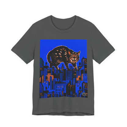 City Cat Attacks! - Collage Poster Blue Vertical - Black Cat Over Cityscape T-Shirt — Halloween Urban Night Graphic Tee