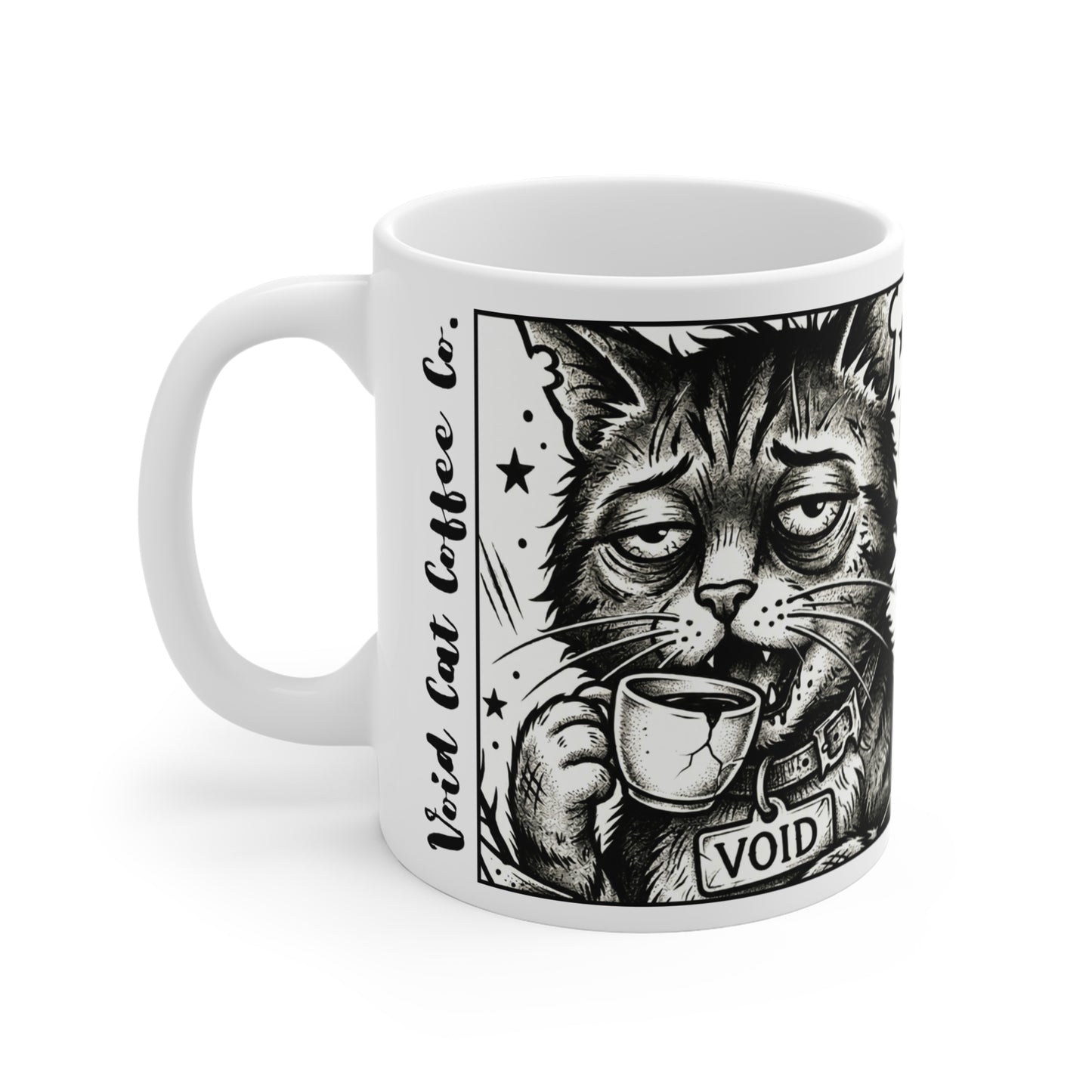 VOID - 11oz Mug - Cat Coffee Mug — 'Void' Vintage Black & White Cat with Cup
