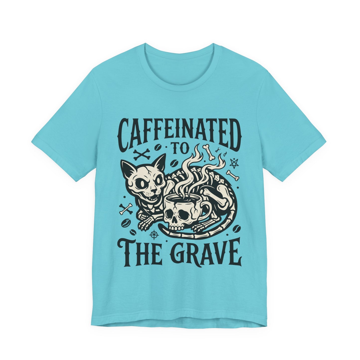 VOID - Caffeinated to the Grave Tee — Gothic Skull & Cat Coffee Shirt