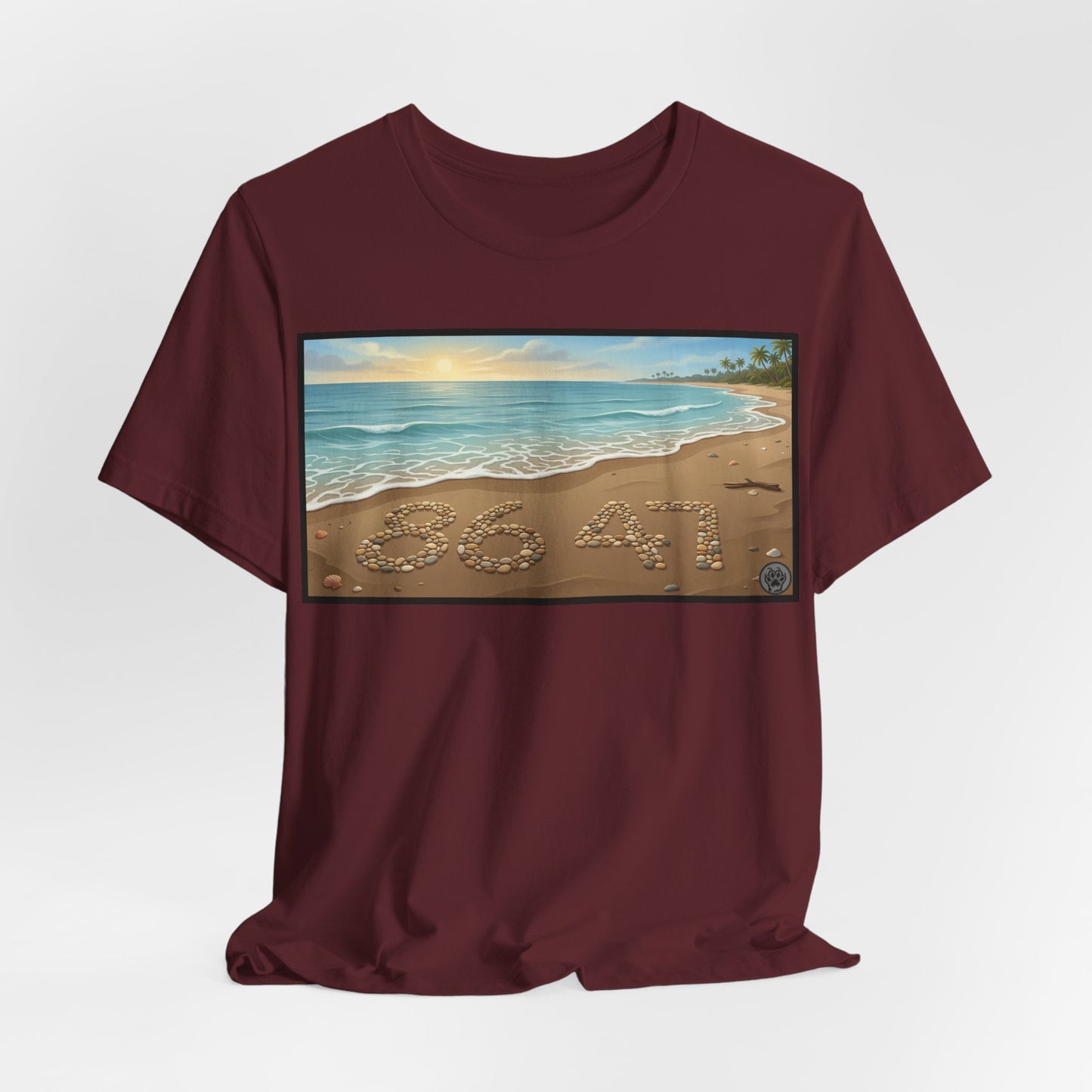 A Nice Day At The Beach - Horizontal V2 - Beach Sunset T-Shirt with '86 47' Sand Art – Coastal Vacation Tee