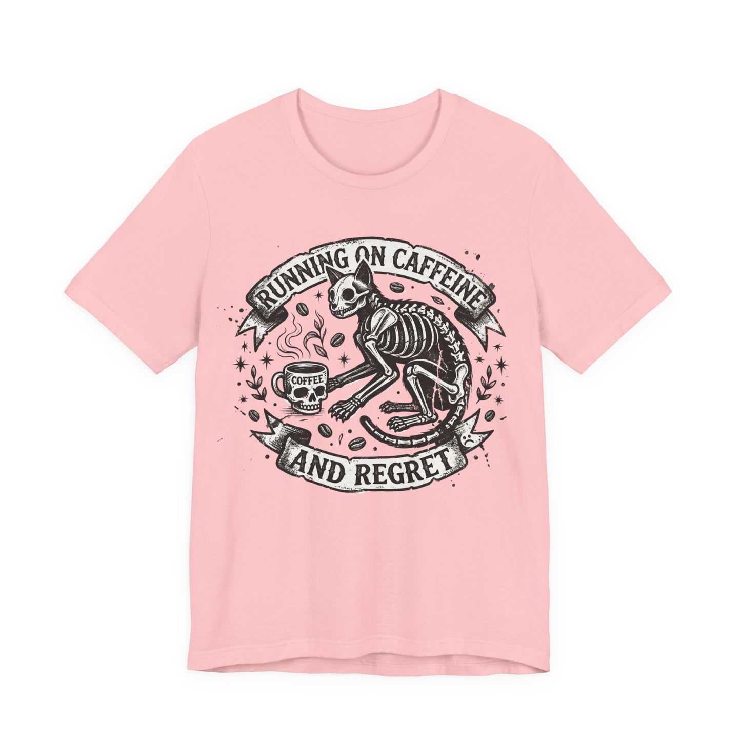 VOID - Running on Caffeine and Regret Tee — Funny Skeleton Cat Coffee T‑Shirt