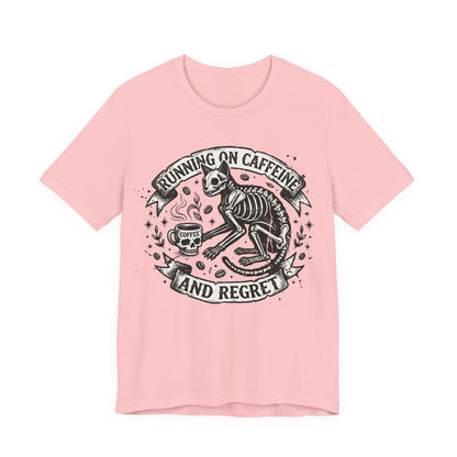 VOID - Running on Caffeine and Regret Tee — Funny Skeleton Cat Coffee T‑Shirt