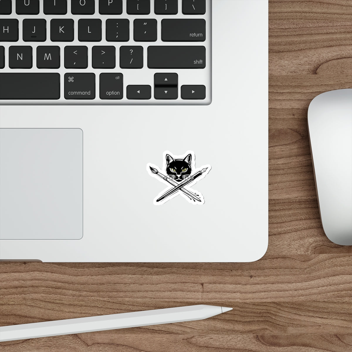 CreativeCat - Black Cat & Art Tools Die-Cut Sticker — Artistic Cat Head with Crossed Paintbrush & Pen
