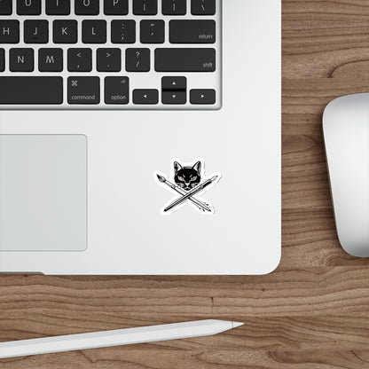 CreativeCat - Black Cat & Art Tools Die-Cut Sticker — Artistic Cat Head with Crossed Paintbrush & Pen
