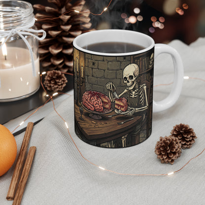 Sweet Treat - 11oz Mug Ambi Handle - Skeleton Feast Coffee Mug — Gothic Brain Dessert Treat, Halloween Humor