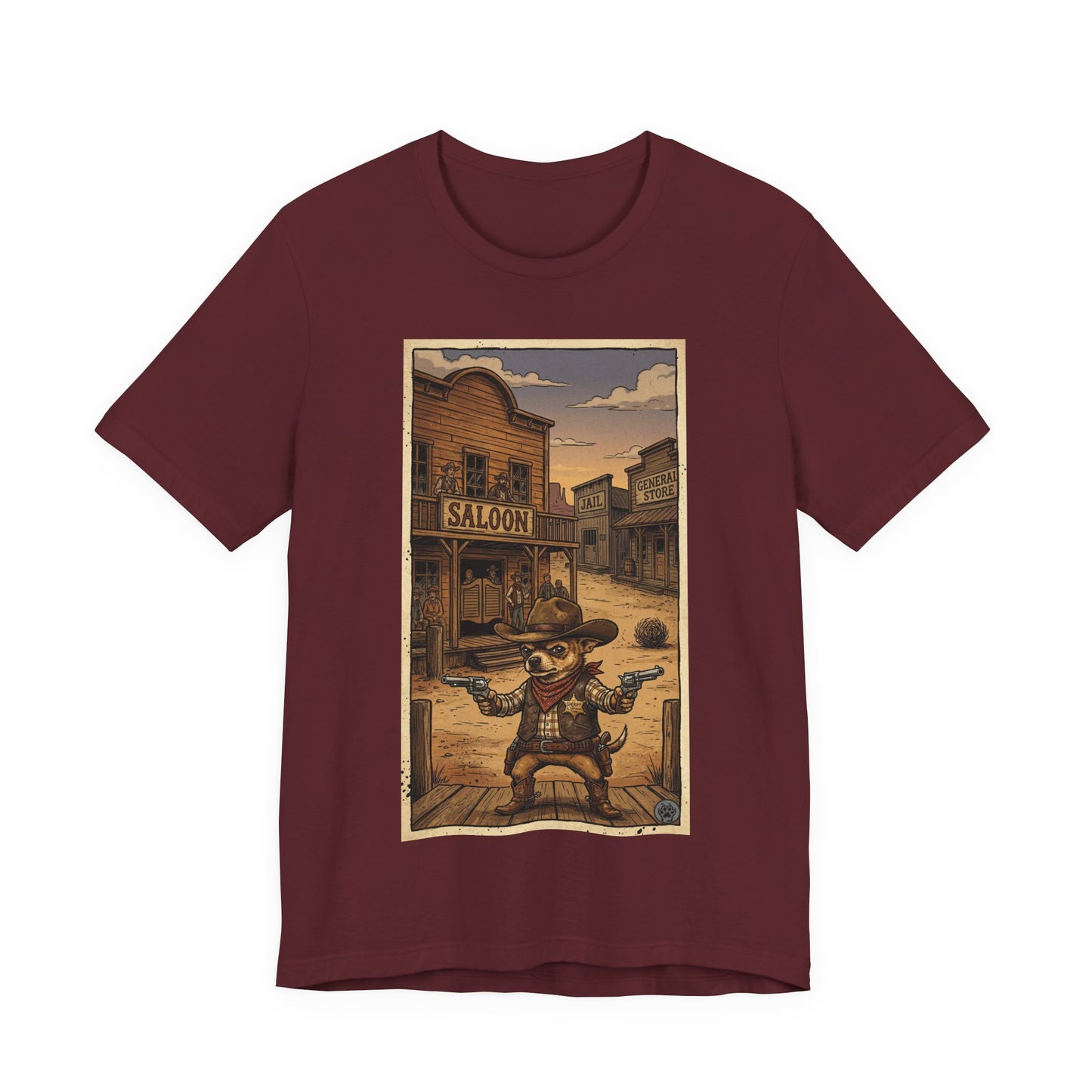 SheriffPaco - Vertical - Chihuahua Sheriff Western Saloon Showdown T-Shirt — Vintage Cowboy Sheriff Puppy Dog Graphic Tee