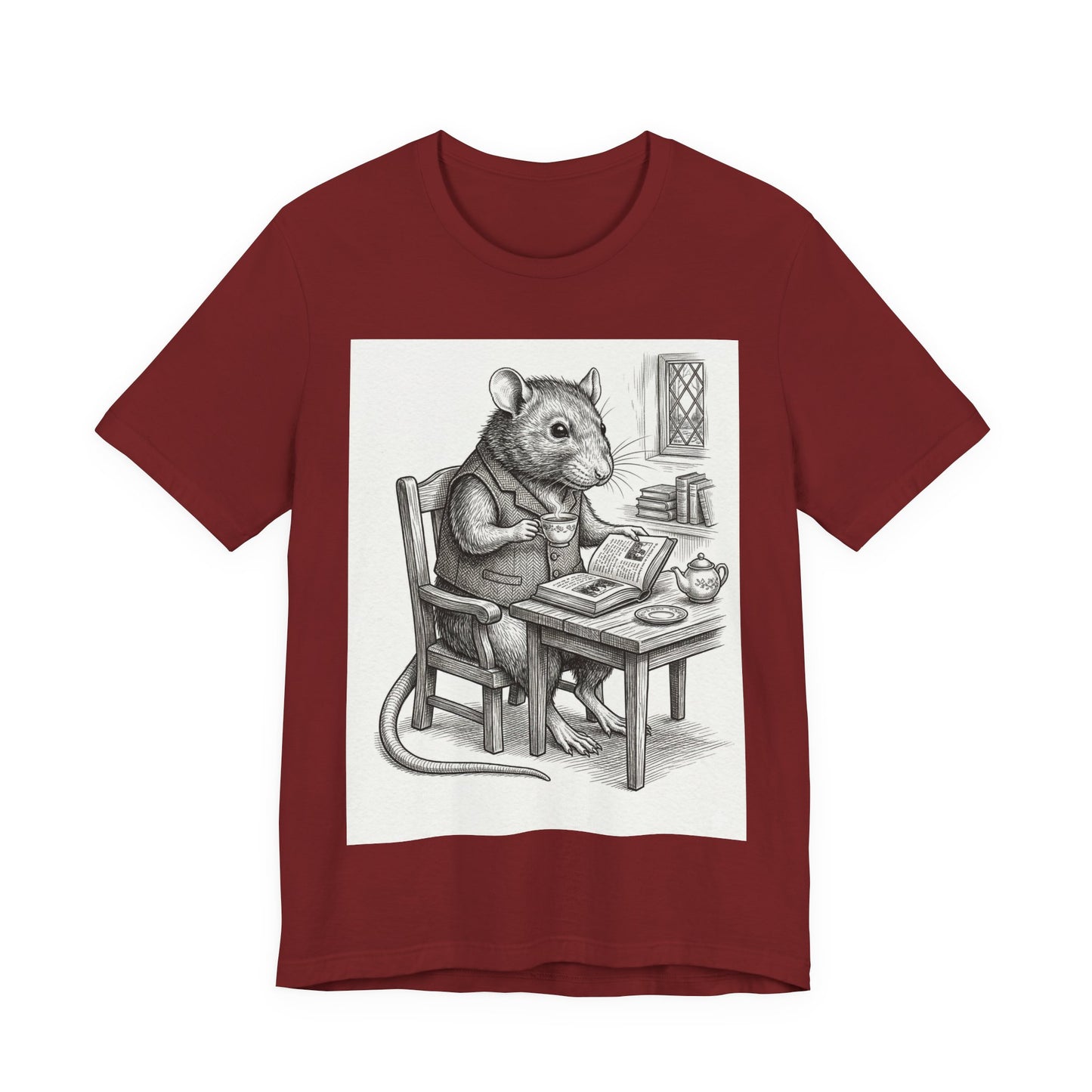 Ratney - "Cup of Tea & A Good Book" - Rodent Scholar T‑Shirt — Vintage Style Illustration of a Reading Rat with Tea