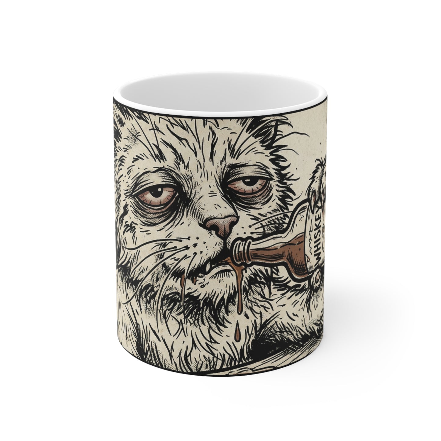 Scraps - "Bad Day" - 11oz Mug Left Handle Wraparound - Tired Depressed Grumpy Drunk Cat Mug 11oz – Vintage Distressed Illustration Coffee Cup