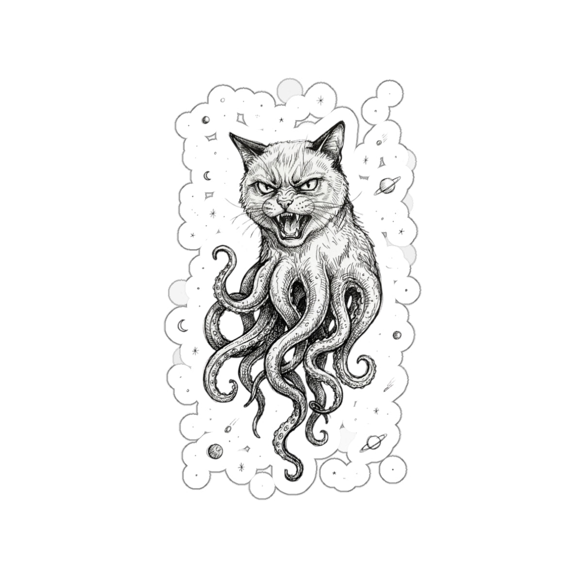 AlienCat In Space! - Die-Cut Sticker — Gothic Cat with Octopus Tentacles (Black & White Illustration)