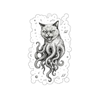 AlienCat In Space! - Die-Cut Sticker — Gothic Cat with Octopus Tentacles (Black & White Illustration)