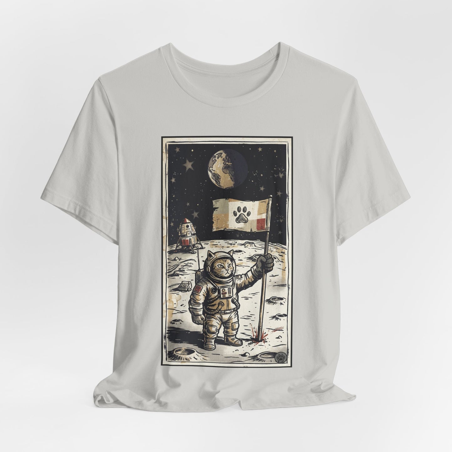 SpaceCat - Conquers The Moon! - Astronaut Cat Moon T-Shirt — Vintage Styled Space Kitty Flag Tee