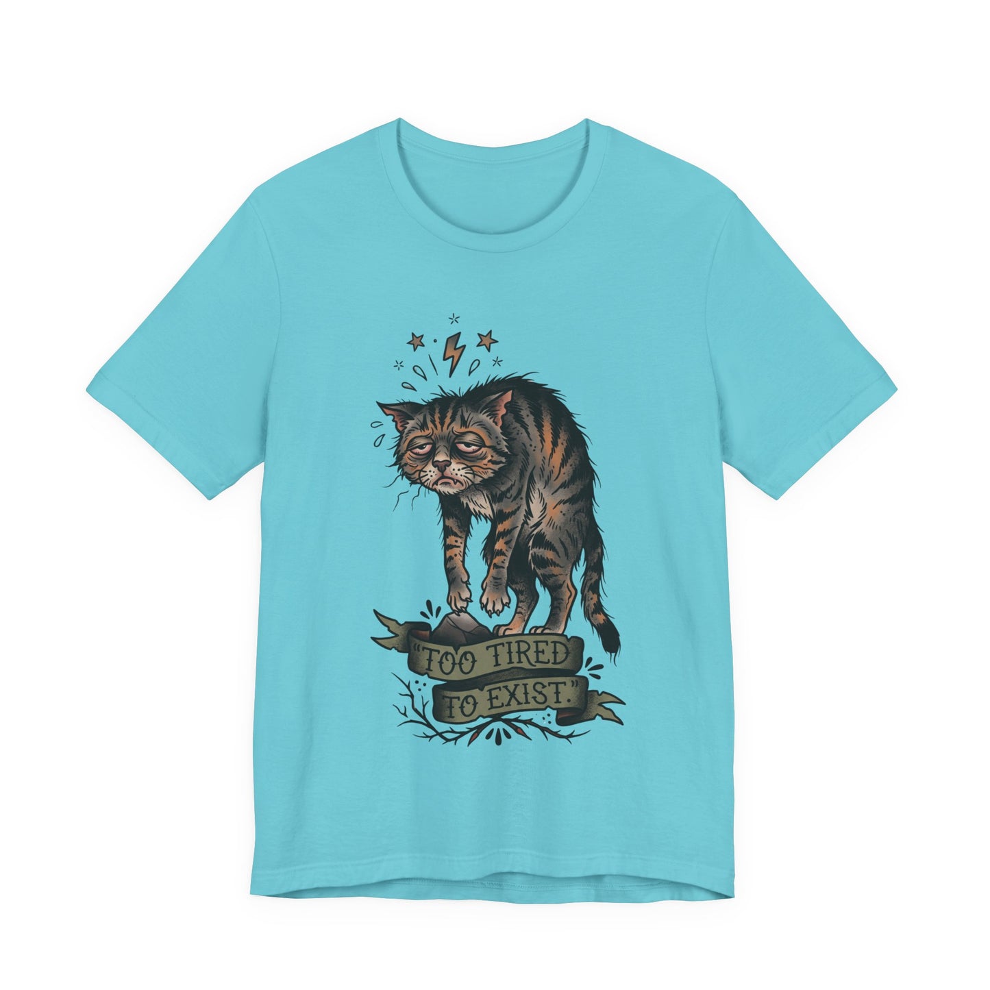 VOID - Too Tired to Exist Cat T‑Shirt — Funny Goth Sleepy Cat Tee