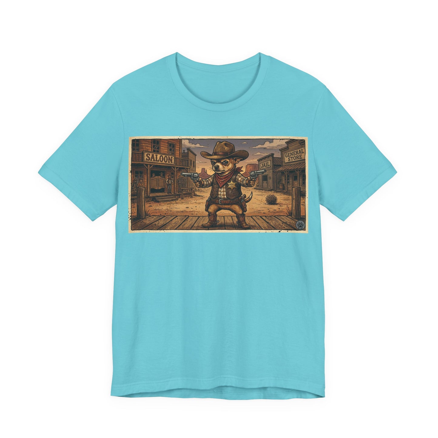 SheriffPaco - Horizontal - Western Cowboy Sheriff Chihuahua T-Shirt — Vintage Saloon Puppy Dog Graphic Tee