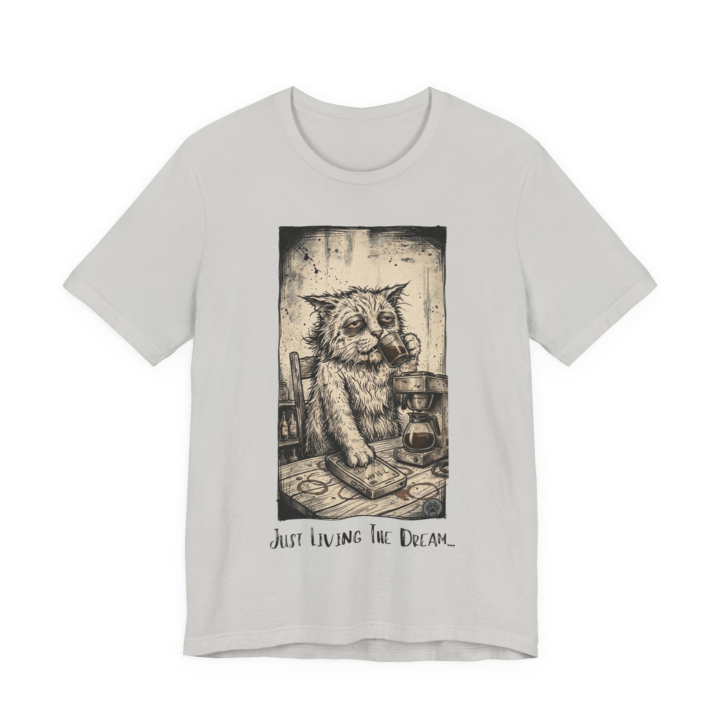 Scraps - Tired Cat Illustration Tee — "Just Living the Dream" Vintage Coffee Cat T-Shirt