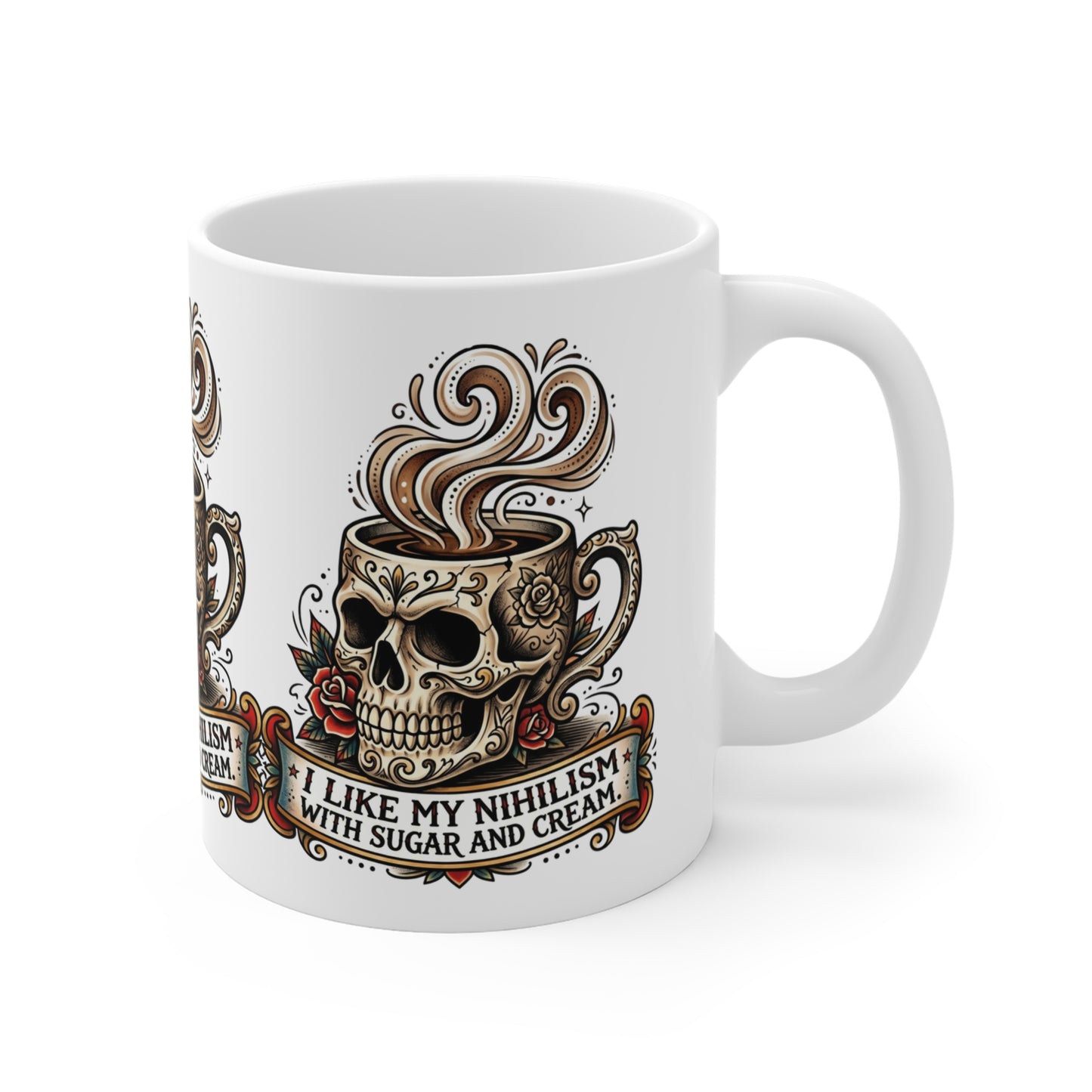 VOID - Vintage Tattoo Skull Coffee Mug - “I Like My Nihilism With Sugar and Cream” 11oz